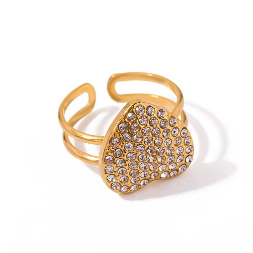 Strass roestvrij staal vinger ring, 304 roestvrij staal, Hart, plated, mode sieraden & met strass, gouden, Ring inner diameter:1.79cm, Verkocht door PC