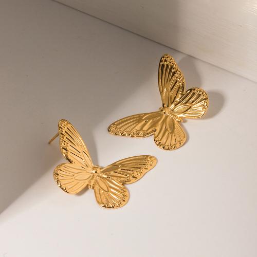 Stainless Steel Stud Øreringe, 304 rustfrit stål, Butterfly, forgyldt, mode smykker, gylden, Solgt af par