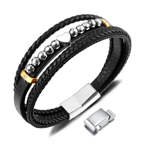 Fibre bracelet, avec Hématite & Acier inoxydable 304, avec 14mm chaînes de rallonge, fait à la main, trois couches & bijoux de mode & pour homme, noire, protéger l'environnement, sans nickel, plomb et cadmium, wide:8mm, Longueur Environ 210 mm, Vendu par PC