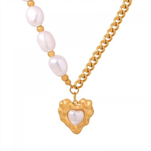 Colar de aço titânio, Partículas de aço, with Shell Pearl & Pérolas de água doce, with 5cm extender chain, Coração, joias de moda & para mulher, dourado, 15mm, comprimento Aprox 40 cm, vendido por PC