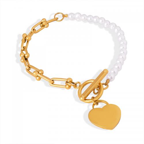 Pulsera de acero de titanio, Partículas de acero, con Shell Pearl, Corazón, Joyería & para mujer, más colores para la opción, 16mm, longitud aproximado 20 cm, Vendido por UD