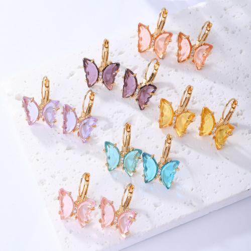 Pendientes de Aro en Latón, metal, con Plástico, Mariposa, chapado en color dorado, Joyería & para mujer & con diamantes de imitación, más colores para la opción, libre de níquel, plomo & cadmio, 23x19mm, Vendido por Par