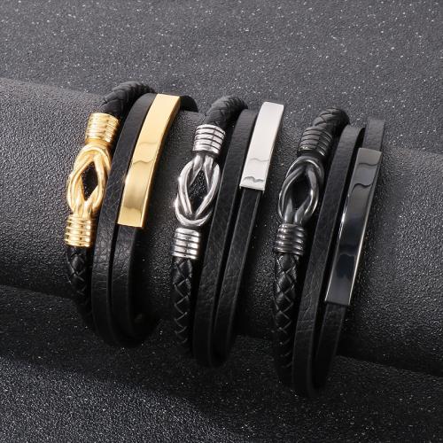 Bracelet cordon en cuir, Faux cuir, avec Acier inoxydable 304, avec 6mm chaînes de rallonge, Placage, trois couches & bijoux de mode & pour homme, plus de couleurs à choisir, protéger l'environnement, sans nickel, plomb et cadmium, Longueur Environ 210 mm, Vendu par PC