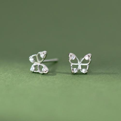 Cubic Zirconia micro pavimenta Sterling Silver Earring, 925 argento sterlina, Farfalla, placcato, Micro spianare cubic zirconia & per la donna, argento, 6mm, Venduto da coppia