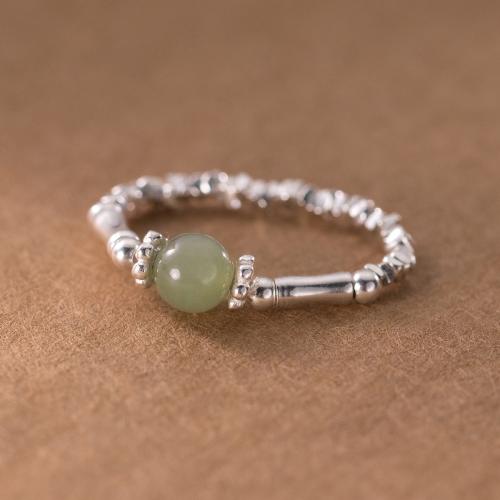 Sterling Silver Jewelry Finger Ring, 925 argento sterlina, with Hetian Jade & filo elastico, placcato, per la donna, argento, Misura:11, Venduto da PC