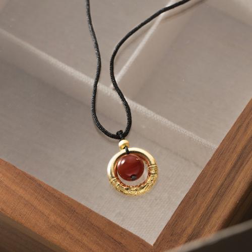 Sterling Silver Κολιέ, 925 Sterling Silver, με Κερί & Red Agate, επιχρυσωμένο, για τη γυναίκα, μαύρος, Μήκος Περίπου 64 cm, Sold Με PC