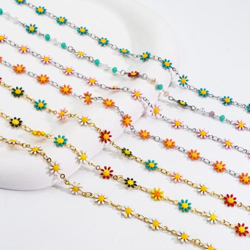 Decorative Beaded Chain 304 Stainless Steel with Gemstone Flower Vacuum Ion Plating DIY & enamel nickel lead & cadmium free 8mm Sold By m