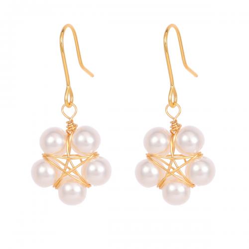 Pendientes de Gota en Latón, metal, con Perlas plásticas, Flor, chapado en color dorado, Joyería & para mujer, Blanco, libre de níquel, plomo & cadmio, 15x35mm, Vendido por Par