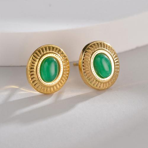 Titanium Aço Brinco, Partículas de aço, with Jade, 18K banhado a ouro, joias de moda & para mulher, níquel, chumbo e cádmio livre, 11x12mm, vendido por par