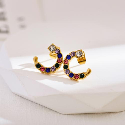 Roestvrij staal Stud Earrings, 304 roestvrij staal, Letter C, plated, mode sieraden & voor vrouw & met strass, meer kleuren voor de keuze, nikkel, lood en cadmium vrij, 12x12mm, Verkocht door pair