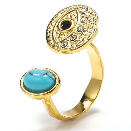 Titanium Steel Finger Ring with turquoise fashion jewelry & for woman & with rhinestone golden Sold By PC