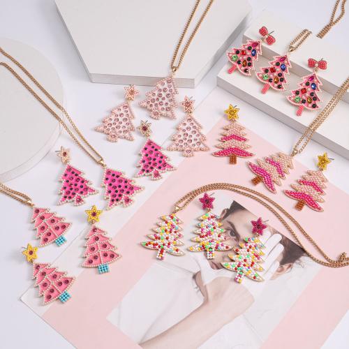 Zinc Alloy Jewelry Sets earring & necklace with Seedbead Christmas Tree plated 2 pieces & fashion jewelry & enamel & with rhinestone nickel lead & cadmium free Sold By Set