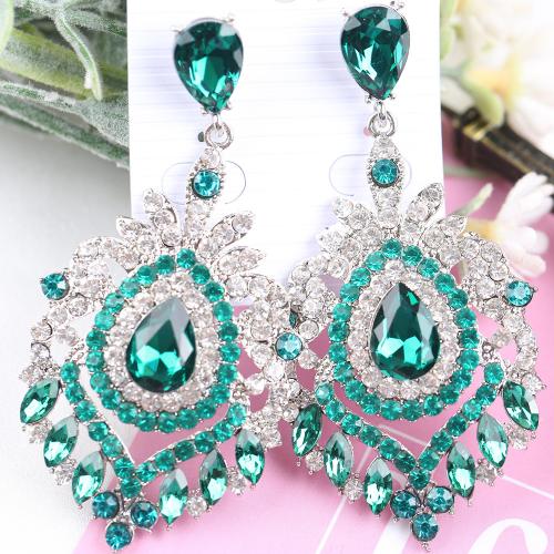 Pendientes de Aleación de Zinc, con Cristal, chapado, Joyería & con diamantes de imitación, más colores para la opción, libre de níquel, plomo & cadmio, 37x74mm, Vendido por Par