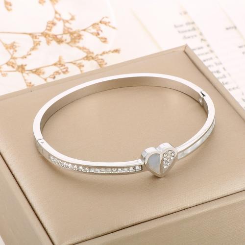 Bracelet en acier inoxydable, Acier inoxydable 304, avec coquille, bijoux de mode & pour femme & avec strass, Or, protéger l'environnement, sans nickel, plomb et cadmium, Inside Diameter:58x52x4mm, Vendu par PC