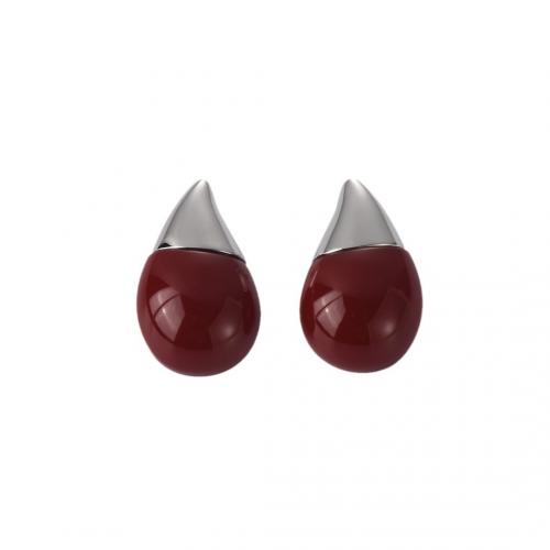 Messing Stud ørering, med Red Agate & Hvid Agat, forgyldt, for kvinde, flere farver til valg, 32.30x20.20mm, Solgt af par