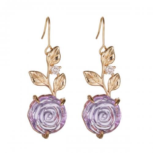 Boucles d'oreilles pendantes en laiton, avec zircon cubique & cristal, Rose, Placage de couleur d'or, bijoux de mode & pour femme, violet, protéger l'environnement, sans nickel, plomb et cadmium, 16x50mm, Vendu par paire