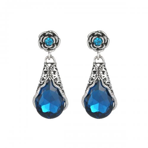 Pendientes de Gota en Latón, metal, con Cristal, chapado en color de plata antigua, Vintage & Joyería & para mujer, azul, libre de níquel, plomo & cadmio, 16.50x40mm, Vendido por Par