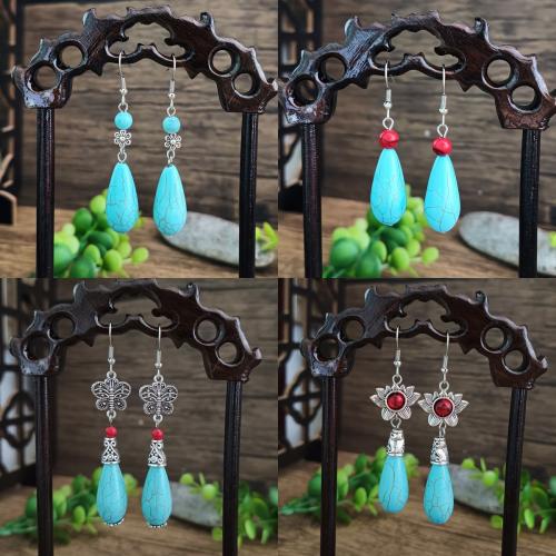 Boucles d'oreilles en alliage de zinc, avec turquoise naturelle, Plaqué de couleur d'argent, Vintage & bijoux de mode & styles différents pour le choix & pour femme, plus de couleurs à choisir, protéger l'environnement, sans nickel, plomb et cadmium, Vendu par paire