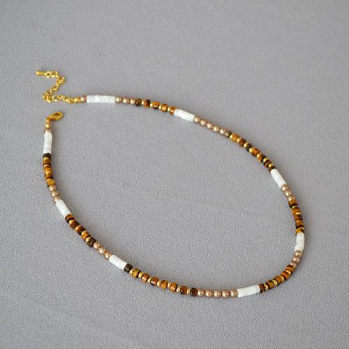 Kunststof parel ketting, Messing, met Tiger Eye & White Shell & Plastic Pearl, met 1.97inch extender keten, handgemaakt, mode sieraden & voor vrouw, meer kleuren voor de keuze, nikkel, lood en cadmium vrij, Lengte Ca 15.74 inch, Verkocht door PC