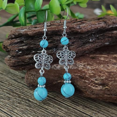 Boucles d'oreilles en alliage de zinc, avec turquoise naturelle, papillon, Plaqué de couleur d'argent, Vintage & bijoux de mode & pour femme, plus de couleurs à choisir, protéger l'environnement, sans nickel, plomb et cadmium, 14x66mm, Vendu par paire