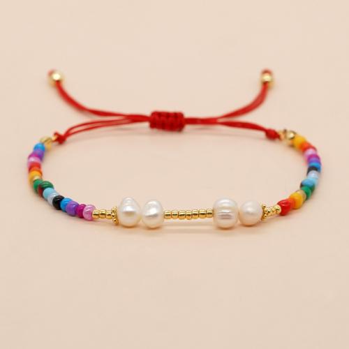 Bracciale in vetro, Seedbead, with Cordone di nodi & perla d'acquadolce coltivata naturalmente & ottone, placcato color oro, Regolabile & gioielli di moda & per la donna, colori misti, Lunghezza Appross. 28 cm, Venduto da PC