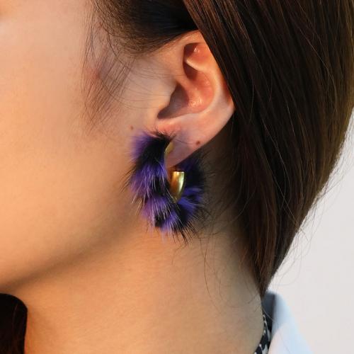 Fluffy Pom Pom Earrings Plush with 304 Stainless Steel & Zinc Alloy fashion jewelry Sold By Pair