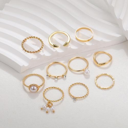 Zinklegering Ring Set, Zinc Alloy, met Plastic Pearl, plated, 10 stuks & mode sieraden & met strass, goud, nikkel, lood en cadmium vrij, Verkocht door Stel