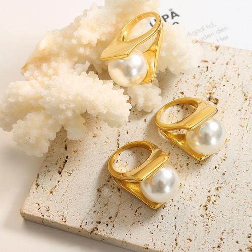 Vinger Ring in edelstaal, 304 roestvrij staal, met Plastic Pearl, 18K verguld, mode sieraden & verschillende grootte voor keus & voor vrouw, meer kleuren voor de keuze, nikkel, lood en cadmium vrij, Thickness 18mm, Verkocht door PC