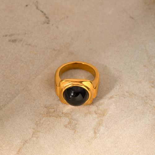 Anillo de dedo de acero inoxidable, acero inoxidable 304, con Ágata negra, 18K chapado en oro, Joyería & para mujer, dorado, tamaño:7, Vendido por UD