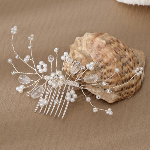 Dekorative Hårkamme, Zinc Alloy, med Plastic Pearl, Flower, sølvfarvet forgyldt, for kvinde & med rhinestone, nikkel, bly & cadmium fri, 145x60mm, Solgt af PC