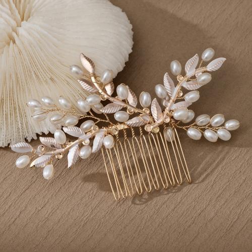 Maisiúil Gruaige Combs, Sinc Alloy, le Pearl Plaisteacha, Leaf, dath an óir plated, do bridal & do bhean, nicil, luaidhe & caidmiam saor in aisce, 107x70mm, Díolta De réir PC