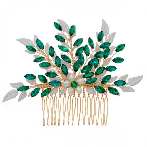 Decoratieve Kammen, Zinc Alloy, Bloem, gold plated, voor vrouw & met strass, groen, nikkel, lood en cadmium vrij, 120x87mm, Verkocht door PC