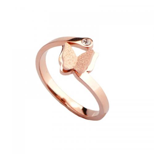 Bague acier titane, papillon, Placage, pavé de micro zircon & pour femme, couleur or rose, Taille:7, Vendu par PC