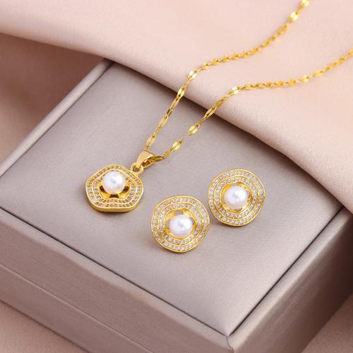 Brass Jewelry Set with Plastic Pearl & 304 Stainless Steel Vacuum Ion Plating fashion jewelry & for woman & with rhinestone nickel lead & cadmium free Length Approx 45 cm Sold By PC