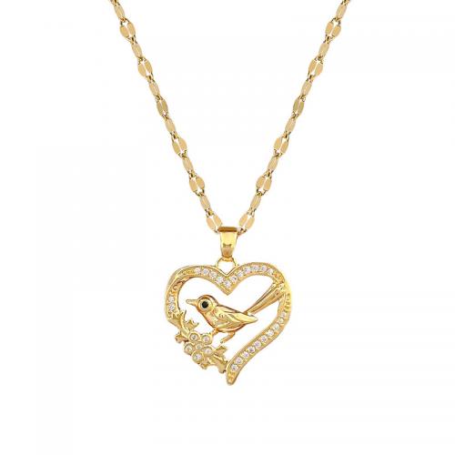 ottone collana, with Titantium acciaio, with 2inch extender chain, Cuore, placcato oro vero, per la donna & con strass & cavo, Lunghezza Appross. 15.7 pollice, Venduto da PC