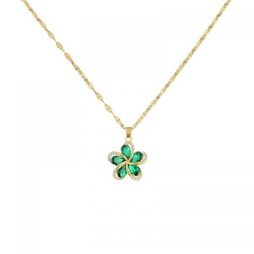 Brass Necklace with Titanium Steel with 2inch extender chain Flower real gold plated micro pave cubic zirconia & for woman Length Approx 15.7 Inch Sold By PC