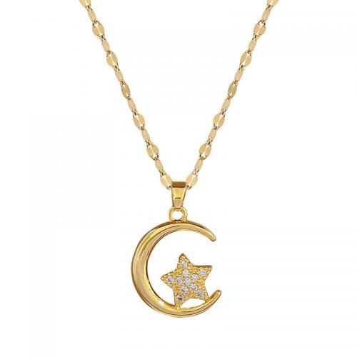 laiton collier, avec Acier titane, avec 2inch chaînes de rallonge, Lune et Etoile, Plaqué d'or, pour femme & avec strass, Longueur Environ 15.7 pouce, Vendu par PC