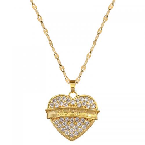 Brass Necklace with Titanium Steel with 2inch extender chain Heart real gold plated with letter pattern & for woman & with rhinestone Length Approx 15.7 Inch Sold By PC