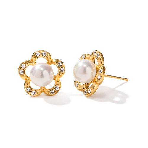 Roestvrij staal Stud Earrings, 304 roestvrij staal, met Plastic Pearl, Bloem, 18K verguld, mode sieraden & voor vrouw & met strass, gouden, 15.10mm, Verkocht door pair