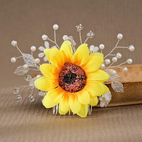 Decoratieve Kammen, Zinc Alloy, met Doek & Plastic Pearl, Zonnebloem, gold plated, voor bruids & met strass, geel, 120x85mm, Verkocht door PC