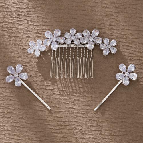 Accesorios para el Cabello, diapositiva de pelo & peine del pelo, aleación de zinc, Flor, chapado en color de plata, para mujer & con diamantes de imitación, Vendido por Set