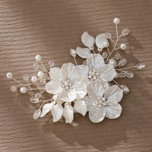 Bek Clips, Zinc Alloy, met Plastic Pearl & Acryl, Bloem, silver plated, voor vrouw & met strass, wit, nikkel, lood en cadmium vrij, 150x85mm, Verkocht door PC