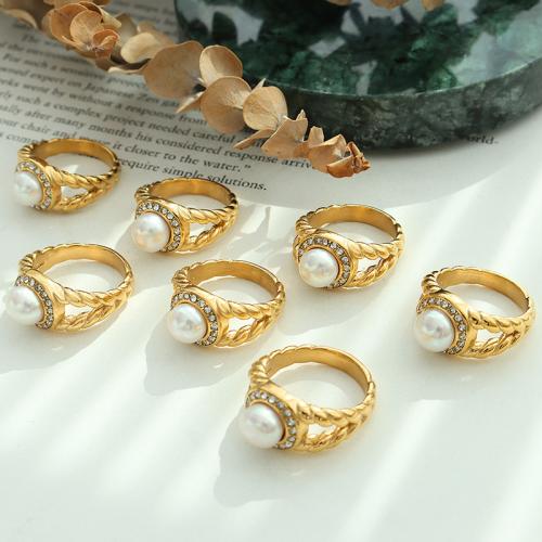 Zirkonia Edelstahl-Finger- Ring, 304 Edelstahl, mit kubischer Zirkonia & Natürliche kultivierte Süßwasserperlen, 18K vergoldet, Modeschmuck & verschiedene Größen vorhanden & Micro pave Zirkonia & für Frau, goldfarben, frei von Nickel, Blei & Kadmium, Width 11mm, verkauft von PC