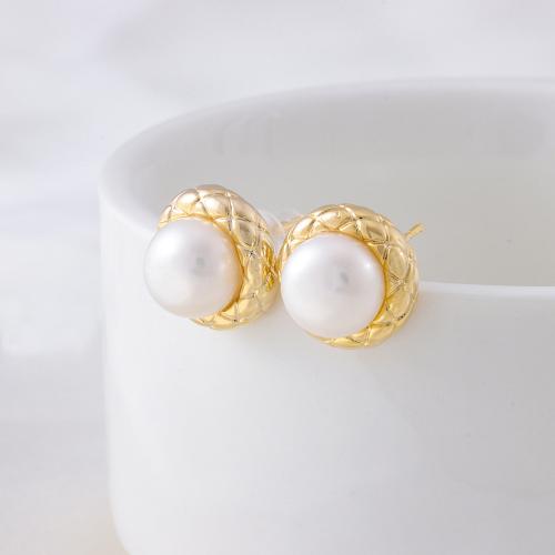 Roestvrij staal Stud Earrings, 304 roestvrij staal, met Zoetwater Parel, 18K verguld, mode sieraden & verschillende stijlen voor de keuze & voor vrouw, gouden, nikkel, lood en cadmium vrij, 10mm, Verkocht door pair