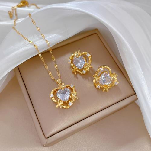 Titantium acciaio set di gioielli fashion, with ottone, Cuore, placcato oro vero, stili diversi per la scelta & Micro spianare cubic zirconia & per la donna & cavo, Venduto da PC