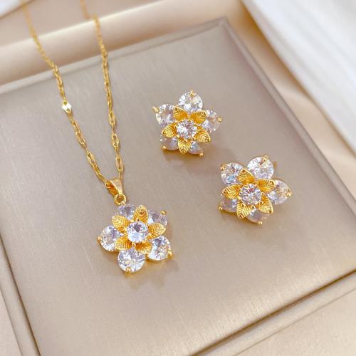 Titantium acciaio set di gioielli fashion, with ottone, Fiore, placcato oro vero, stili diversi per la scelta & Micro spianare cubic zirconia & per la donna, Venduto da PC