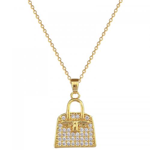 Acier titane collier, avec laiton, avec 2inch chaînes de rallonge, sac à main, Plaqué d'or, pavé de micro zircon & pour femme, Longueur Environ 15.7 pouce, Vendu par PC