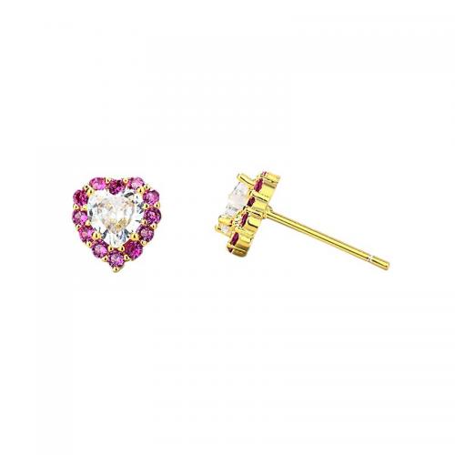 Messing Stud Earring, Heart, ægte forgyldt, Micro Pave cubic zirconia & for kvinde, flere farver til valg, 8.10x8.60mm, Solgt af par