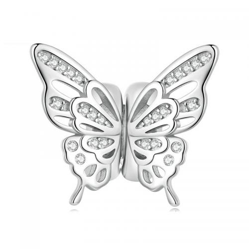 925 Sterling Sølv Prop Beads, Butterfly, platineret, du kan DIY & Micro Pave cubic zirconia & stort hul, nikkel, bly & cadmium fri, 15x8.50mm, Solgt af PC