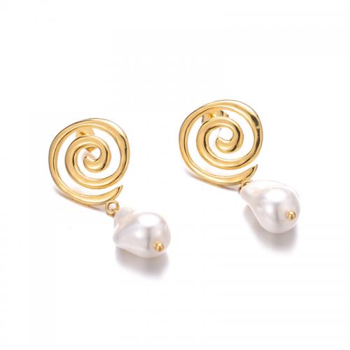 Roestvrij staal Stud Earrings, 304 roestvrij staal, met Plastic Pearl, mode sieraden & voor vrouw, goud, nikkel, lood en cadmium vrij, 19x43mm, Verkocht door PC